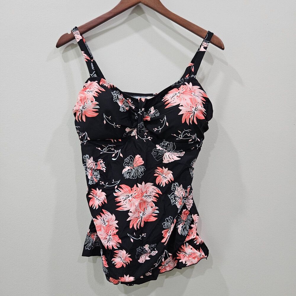 Womens Floral Tankini Swim Top Size 18 Black Multi Ruffle Beach Resort Vacation